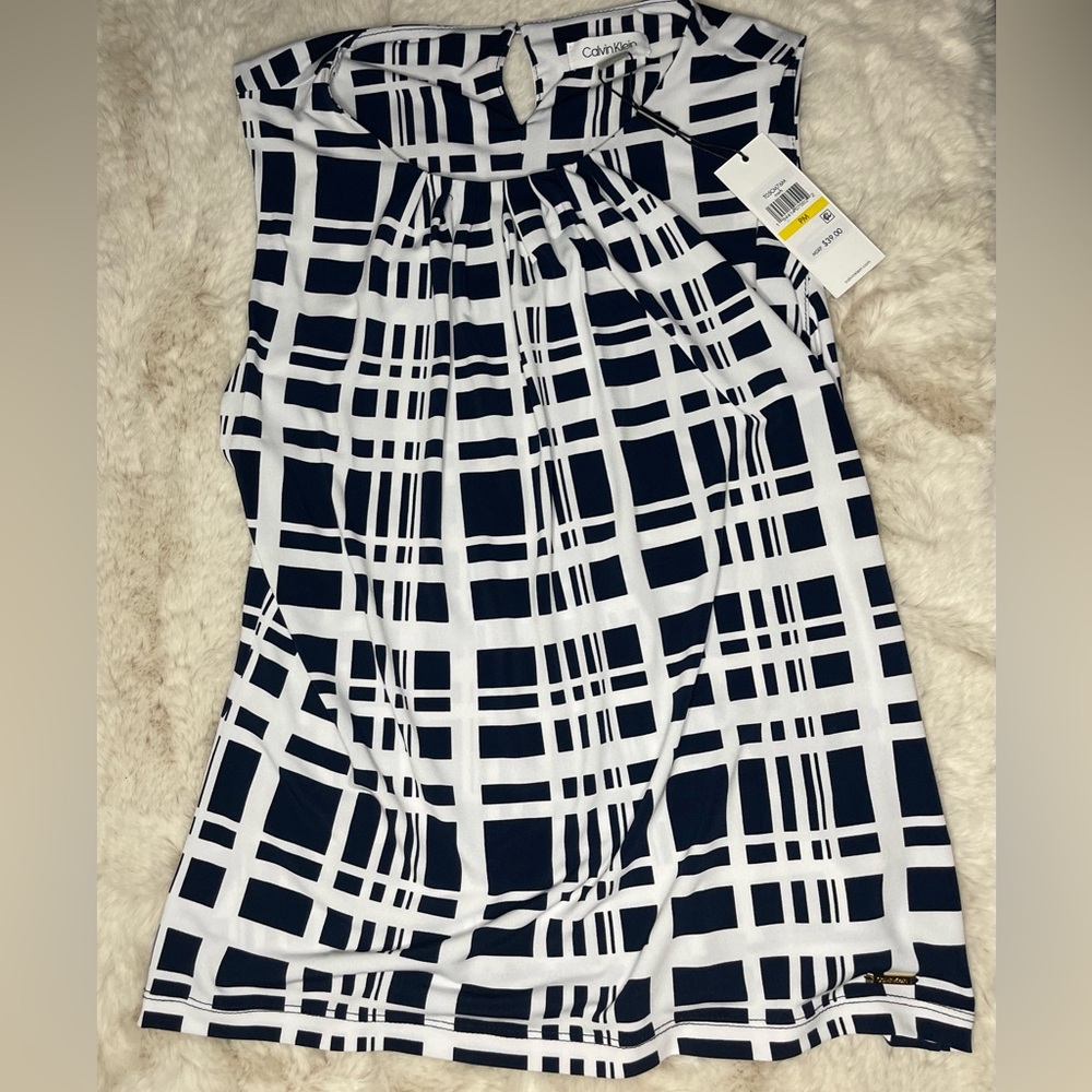 Calvin Klein Navy and White Patterned Blouse